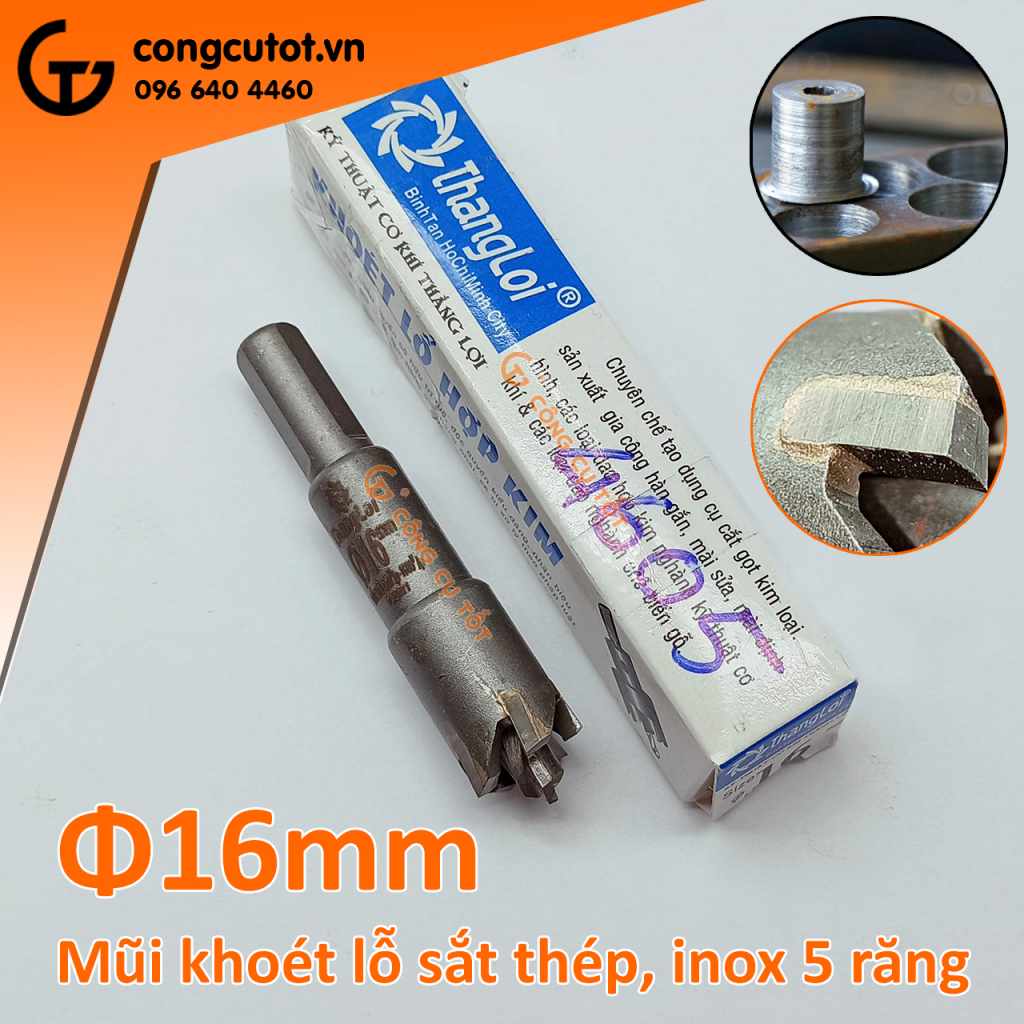 Mũi khoét lỗ sắt thép inox răng hợp kim Thắng Lợi Ø16mm