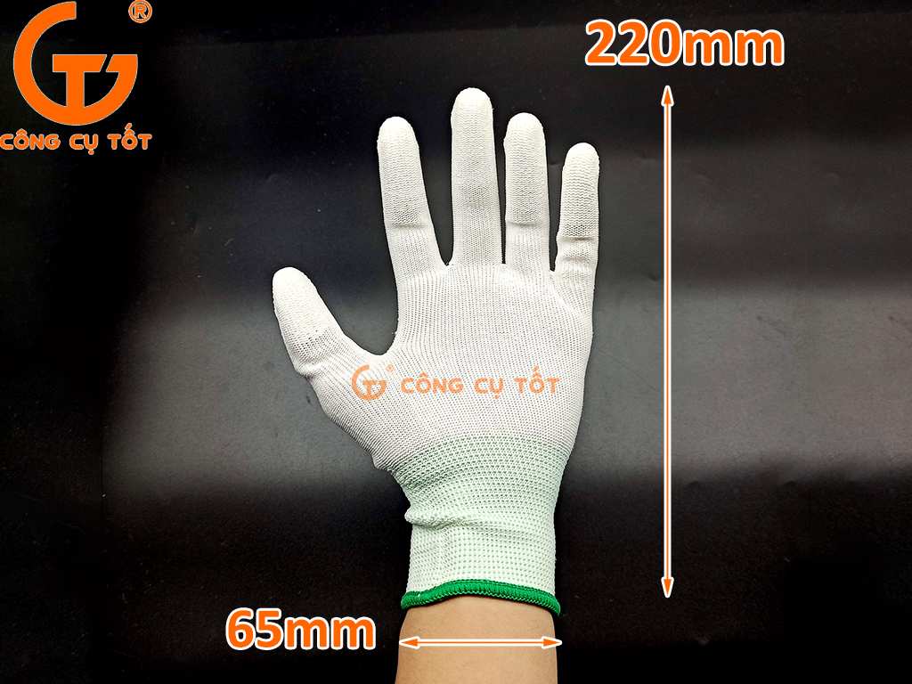 Găng tay sợi poly phủ PU ngón tay chống tĩnh điện kích thước.