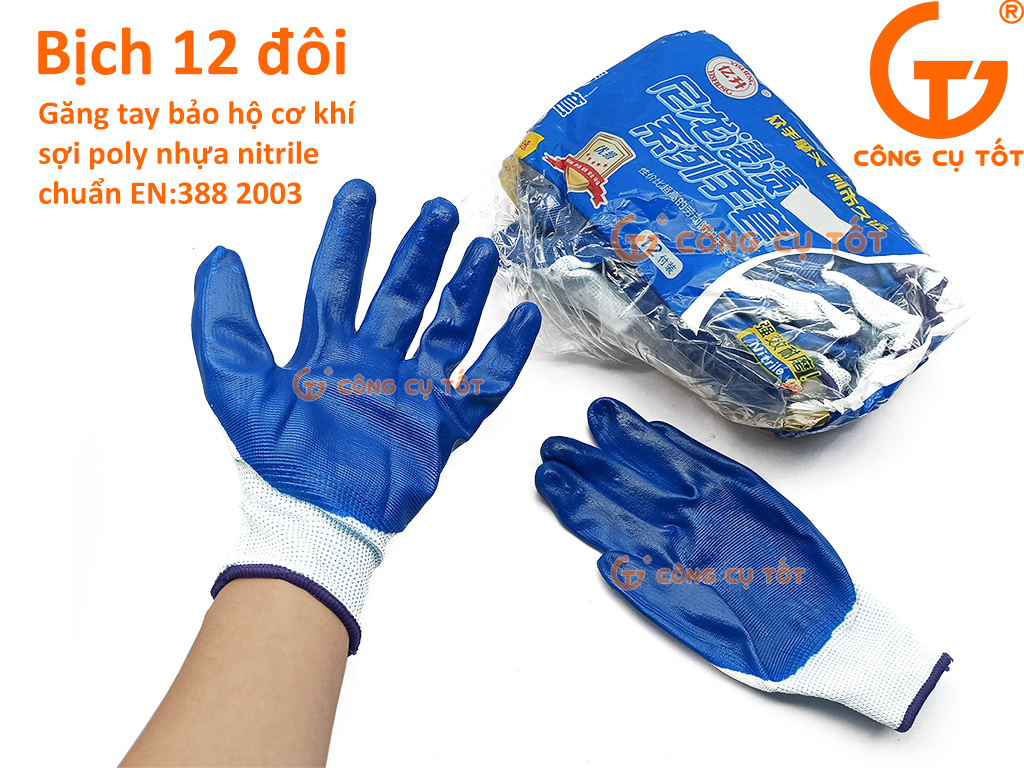 Bịch 12 đôi găng tay bảo hộ cơ khí (Gloves Against Mechanical) màu xanh biển tiêu chuẩn EN 388:2003
