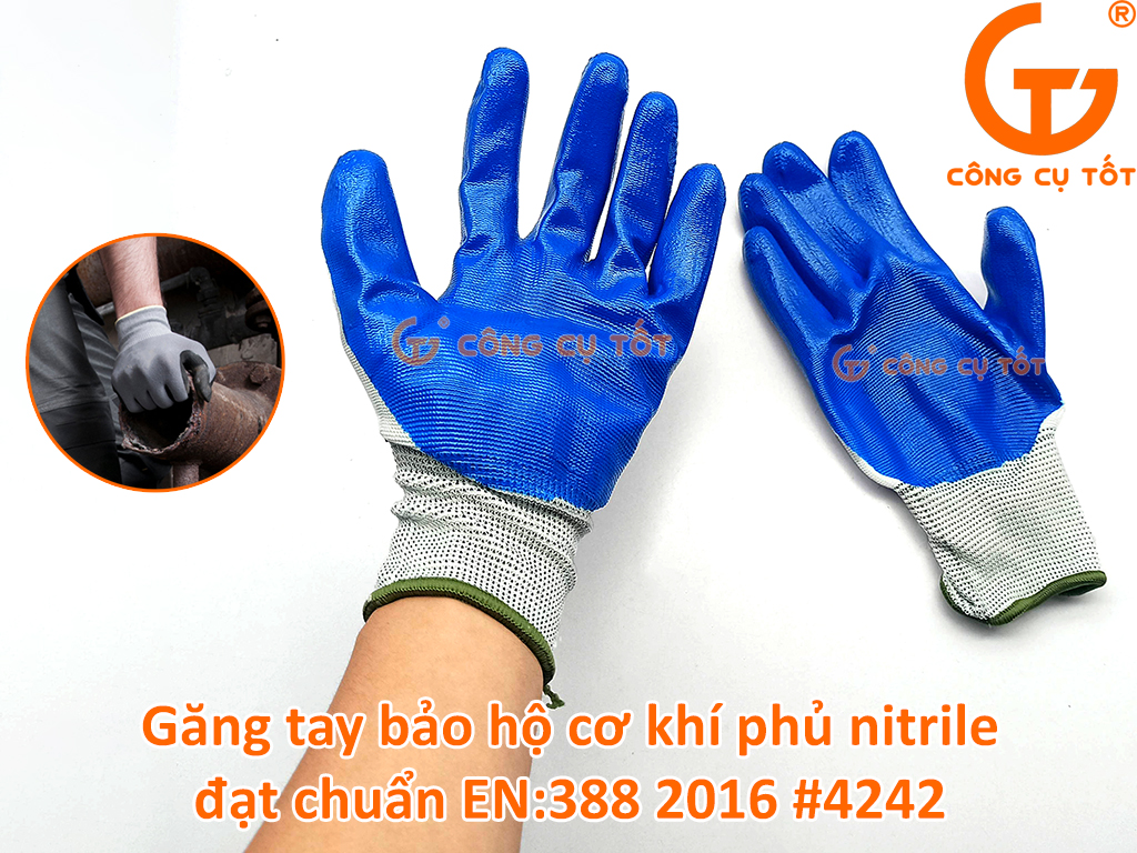 Găng tay bảo hộ cơ khí nitrile đạt EN 388:2016 4242 xanh biển
