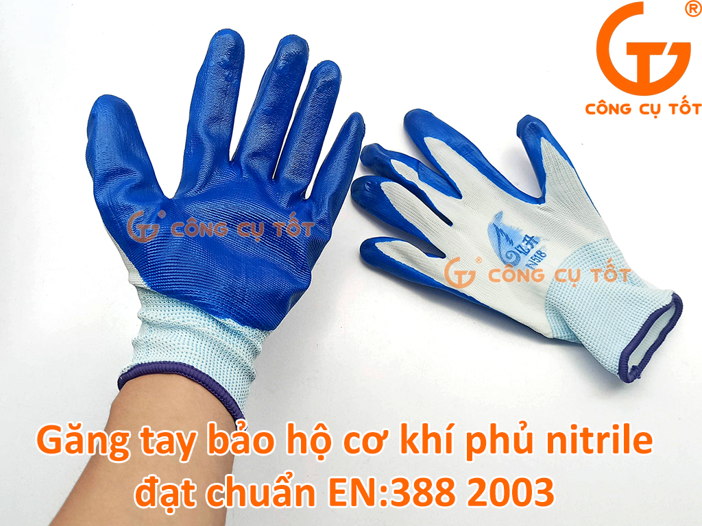 Găng tay bảo hộ cơ khí nitrile đạt EN 388:2003 xanh biển
