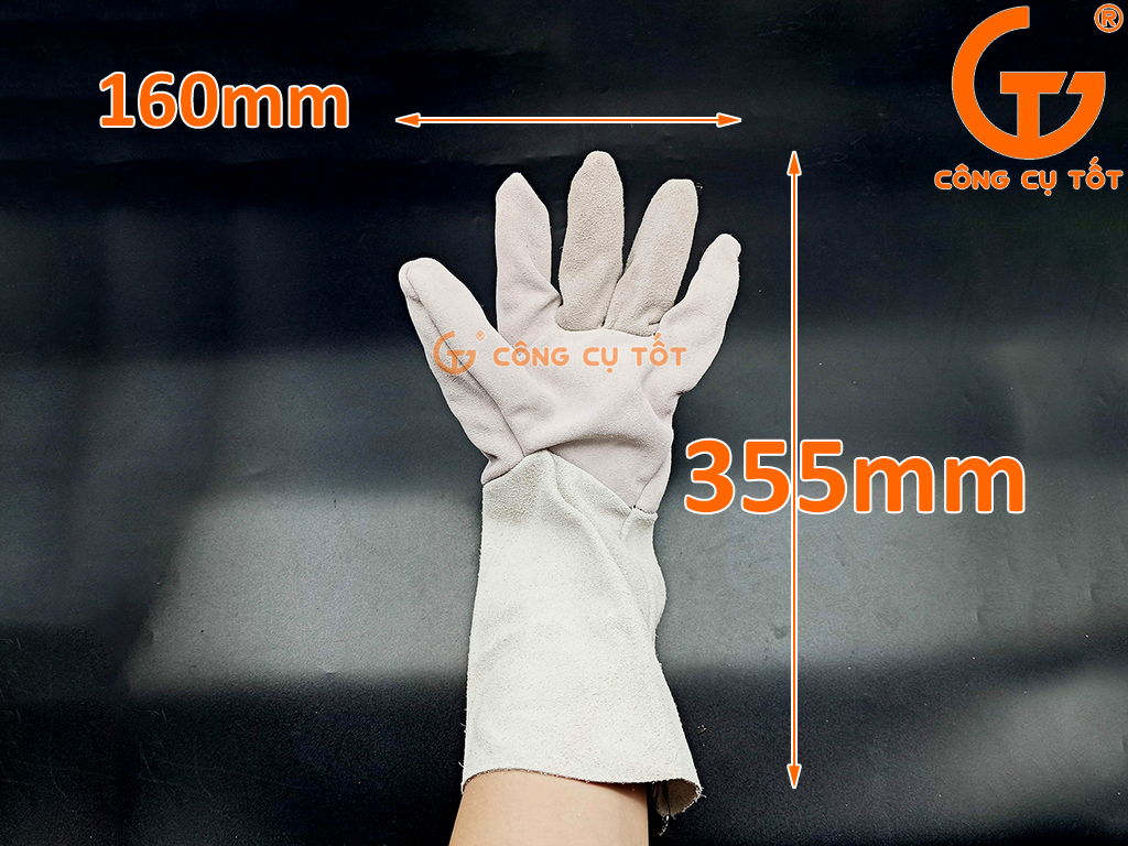 Găng tay hàn loại dài 14 inch 355mm màu ghi xám kích thước