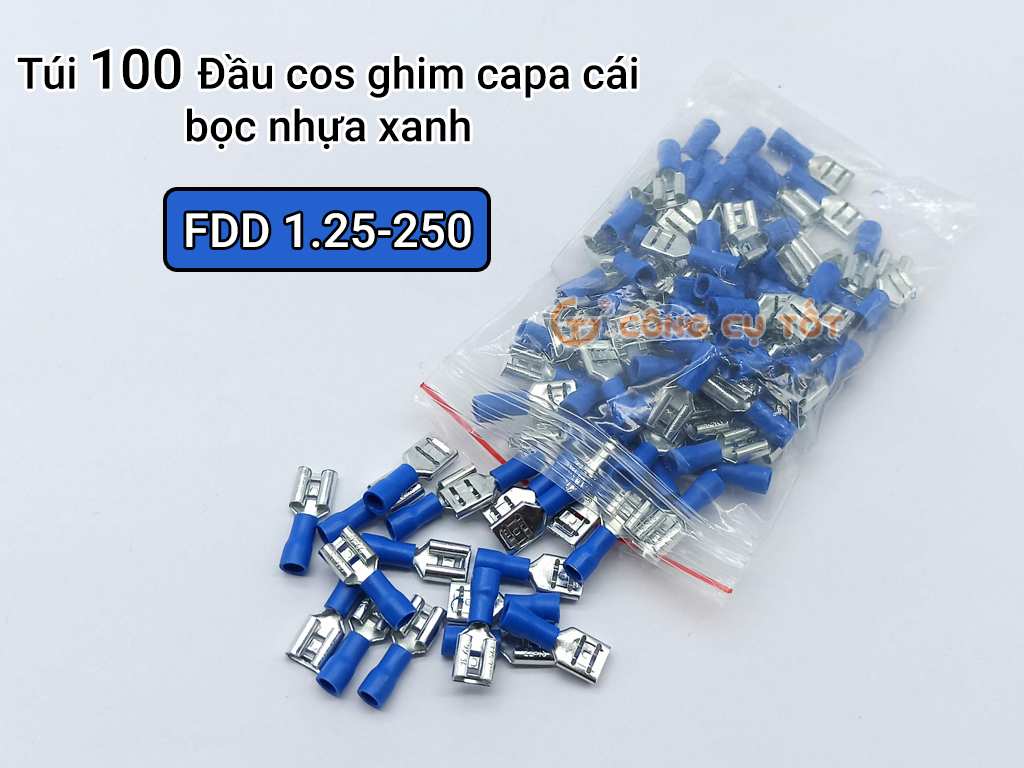 Túi 100 đầu cos ghim capa cái FDD 1.25-250 bọc nhựa xanh