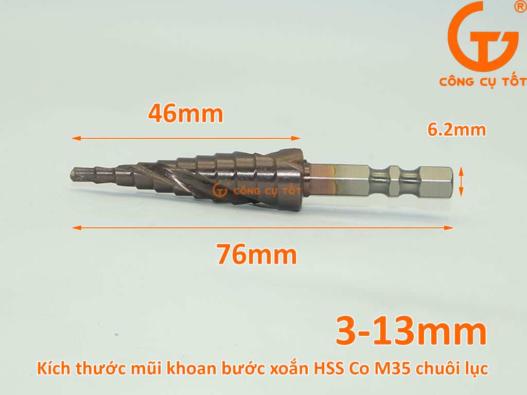 Kích thước mũi khoan bước xoắn 3-13mm thép góp HSS M35 phủ COBAN chuôi lục