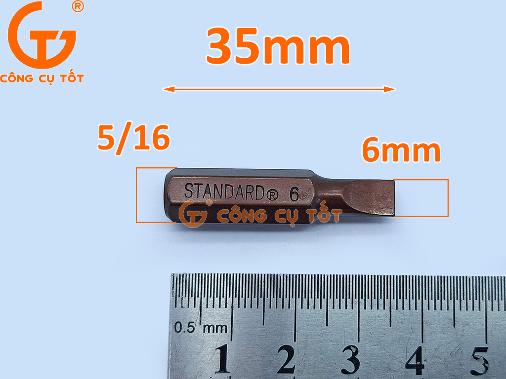 Kích thước tô vít đóng 2 cạnh 6mm Standard thép S2 si nâu 35mm