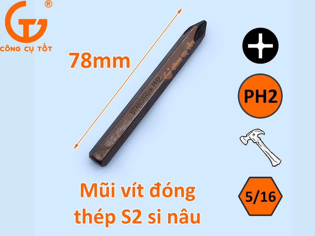 Mũi tô vít đóng 4 cạnh PH2 thép si nâu dài 78mm thương hiệu Standard chuyên tháo mở ốc vít gỉ sét.