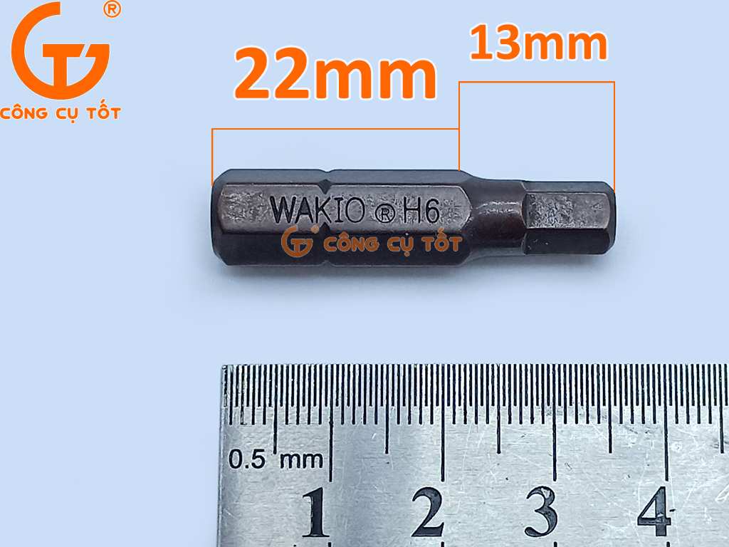 Kích thước tô vít đóng lục giác 6mm WAKIO thép S2 si nâu 35mm