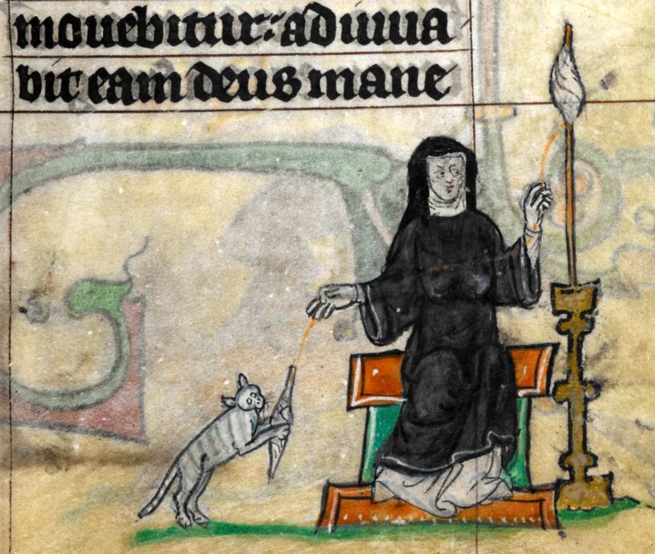 Tranh nữ tu đang quay sợi trong khi chú mèo cưng chơi cùng cục chỉ thời Trung cổ