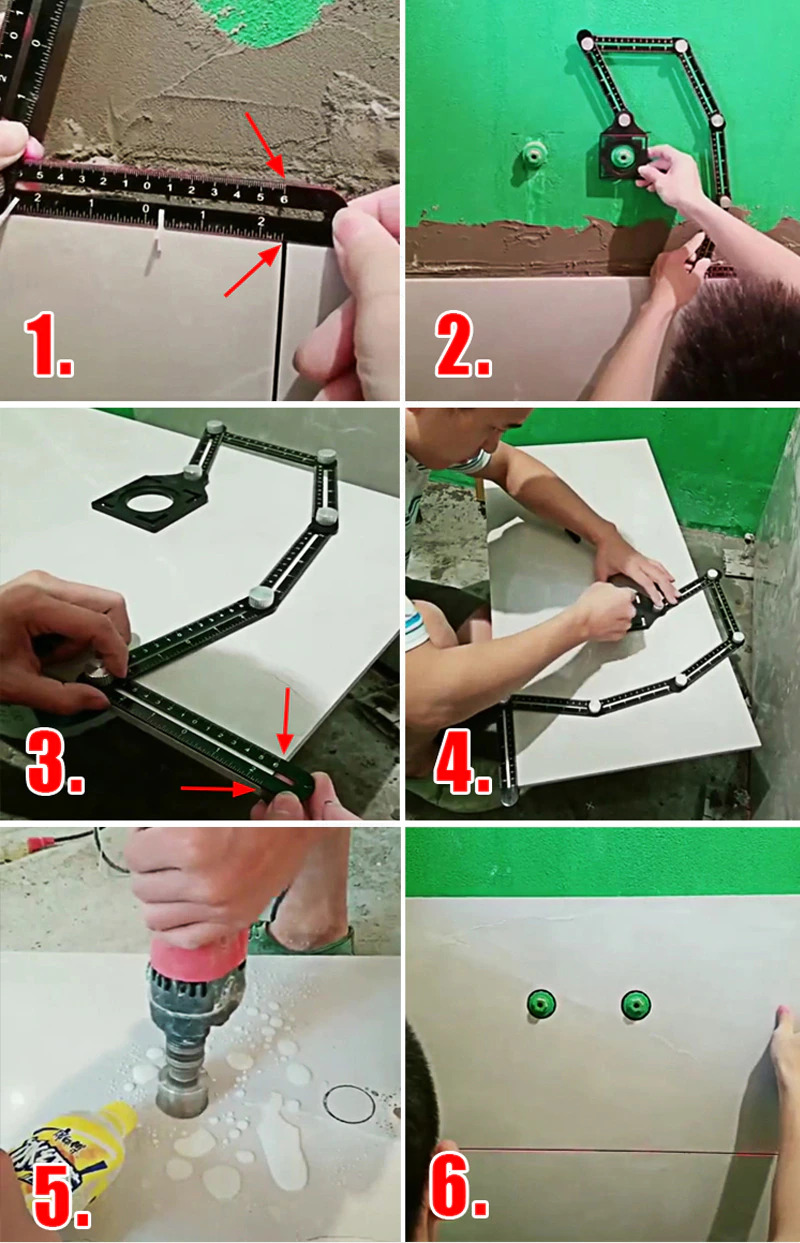 Cách sử dụng thước chép hình để lấy dấu khoan gạch men