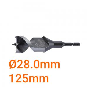 Mũi khoan gỗ xoắn ốc Ø28.0mm cạnh cắt kép thoái phoi nhanh chuôi lục 6 ly loại ngắn 125mm Onishi