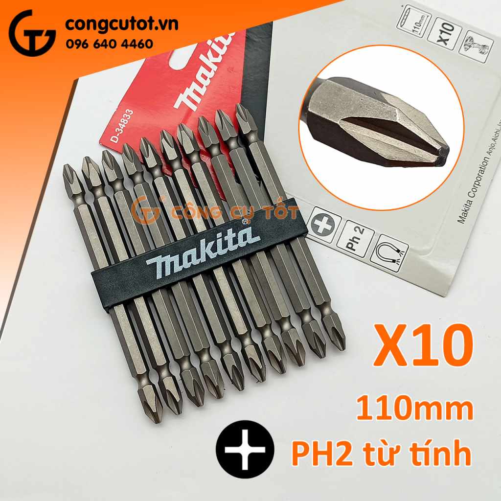 Vì 10 mũi vít 2 đầu 4 cạnh PH2 110mm Makita D-34833.