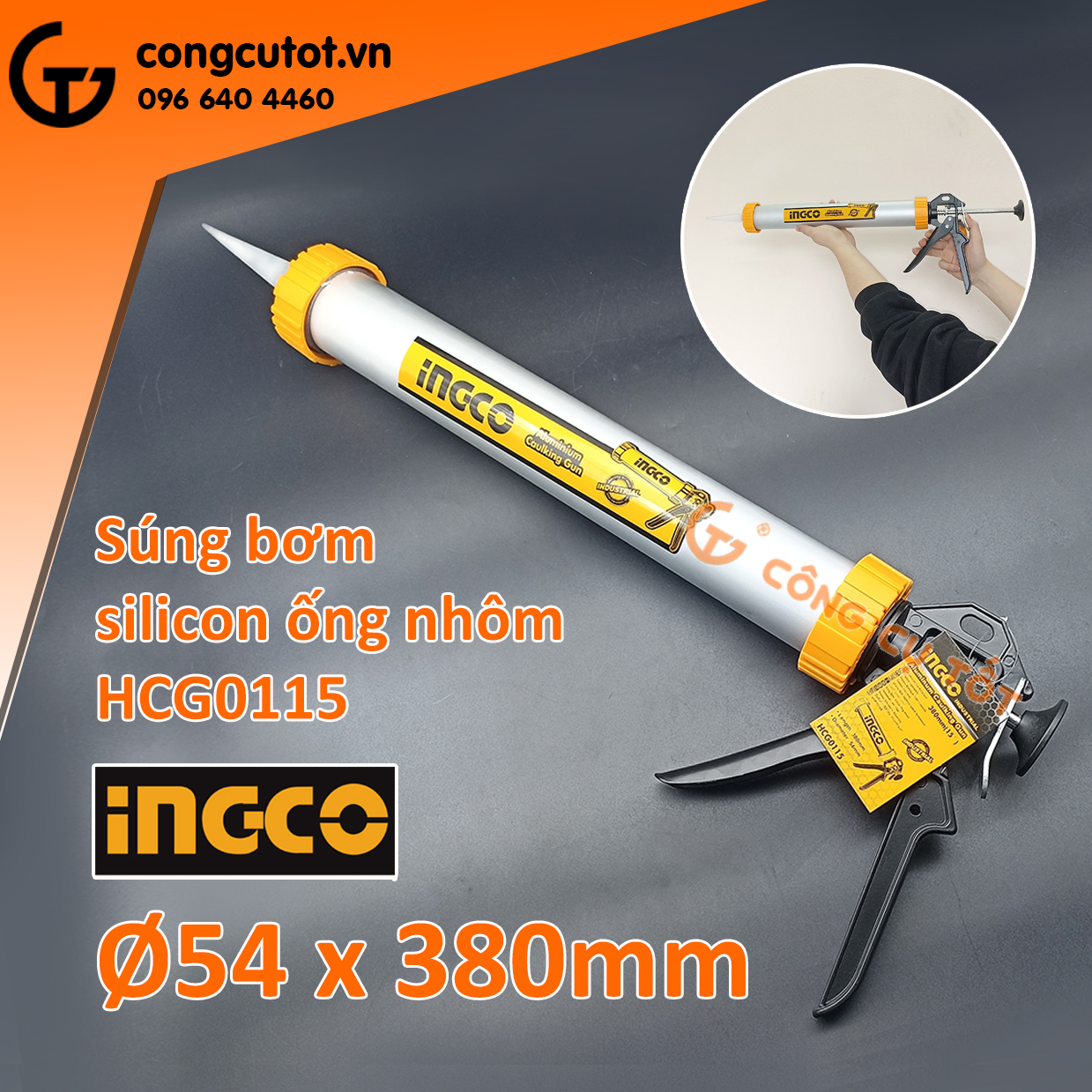Súng bơm silicon ống nhôm Ø54 x 380mm Ingco HCG0115