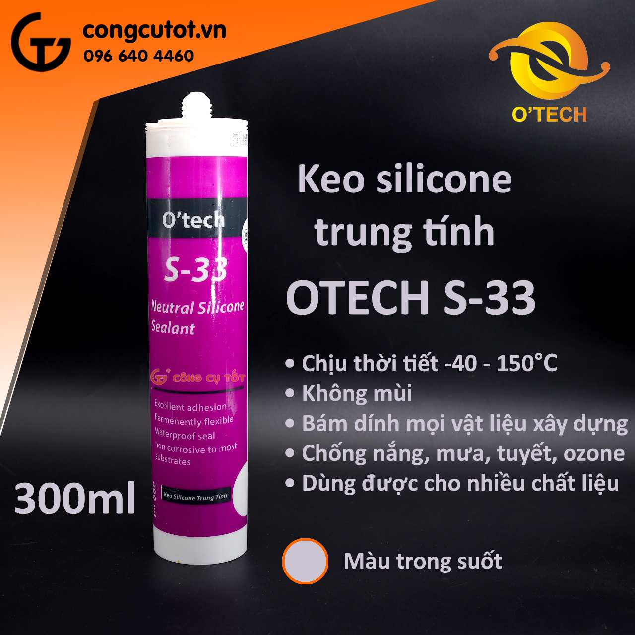 Keo silicone trung tính 300ml OTECH S-33 trong suốt.