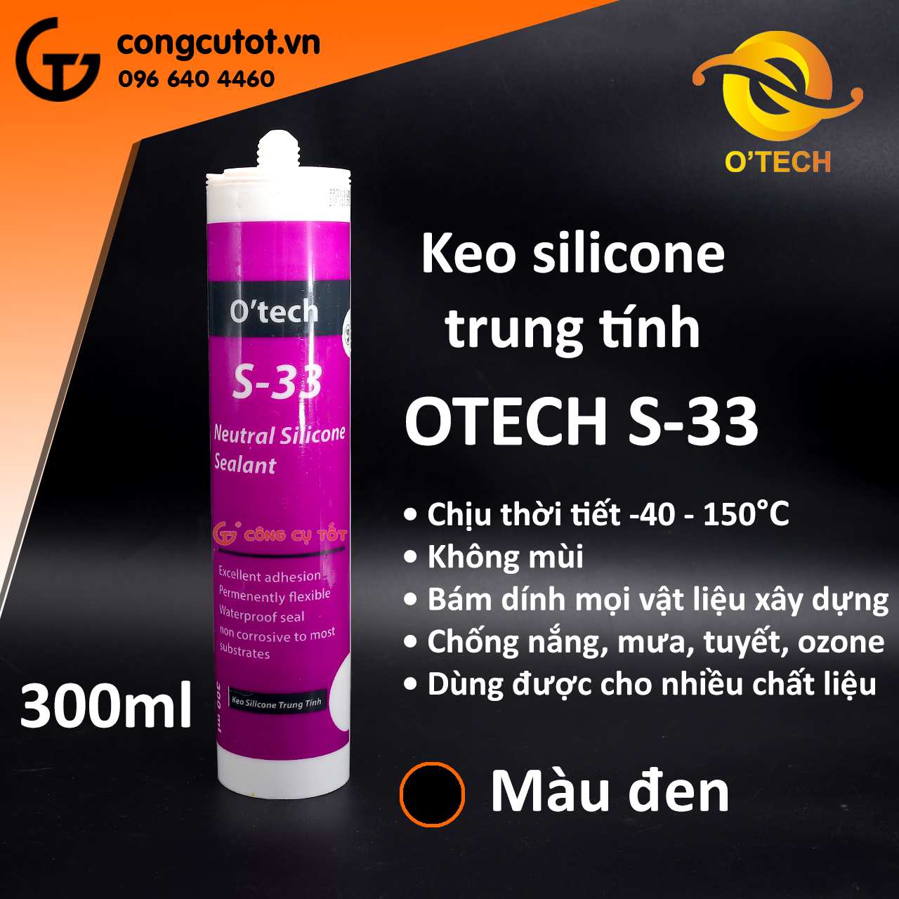 Keo silicone trung tính 300ml OTECH S-33 màu đen