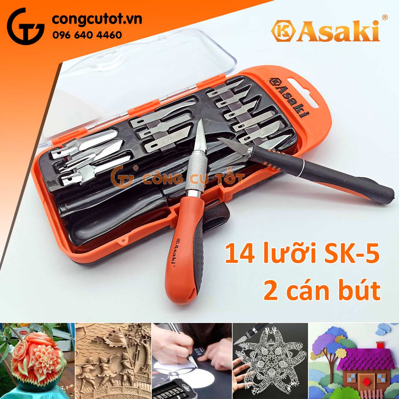 Bộ dao khắc 14 lưỡi 2 cán Asaki AK-3960
