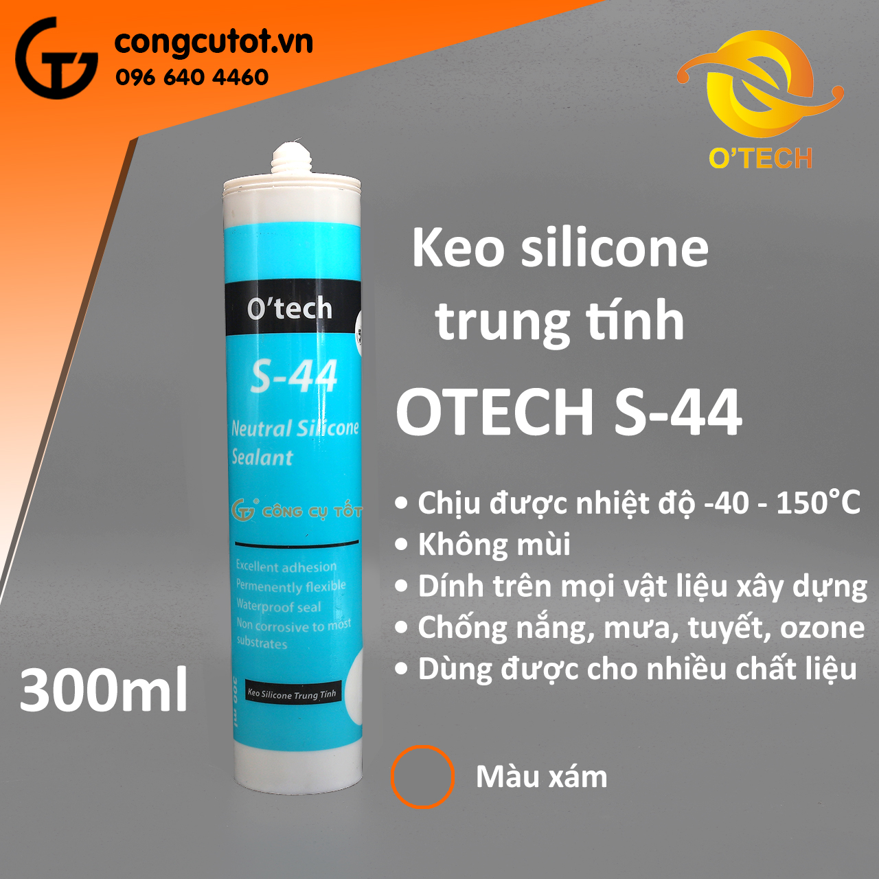 Keo silicone trung tính 300ml OTECH S-44 màu xám