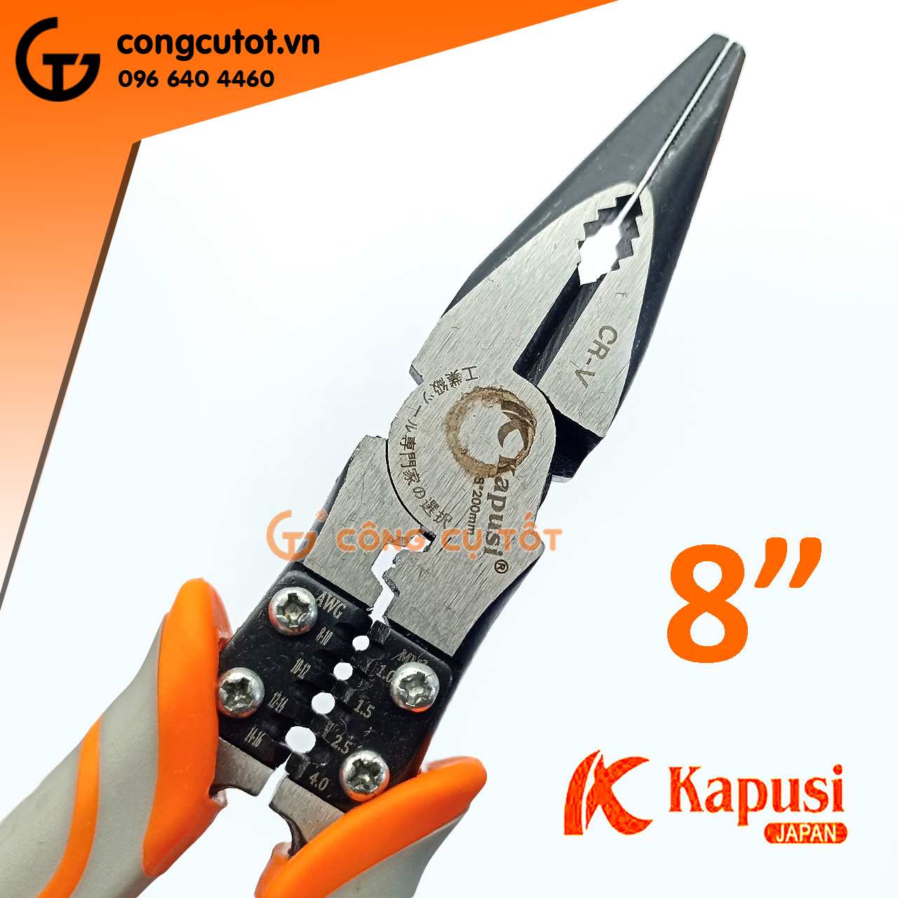 Kìm mỏ nhọn 8 inch Kapusi K-8075 chi tiết đầu kìm đa năng