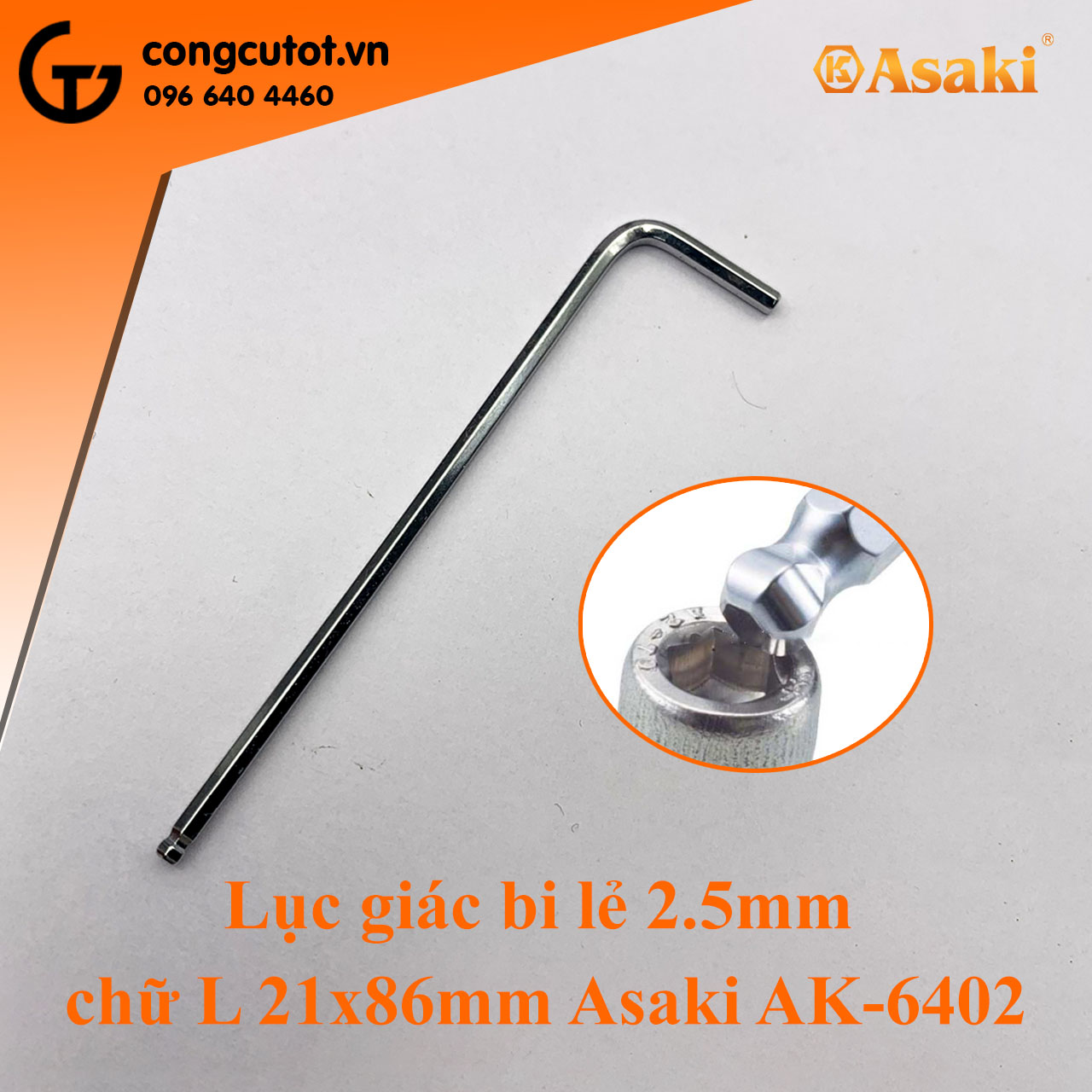 Lục giác bi lẻ cỡ 2.5mm hình thanh chữ L Asaki AK-6402