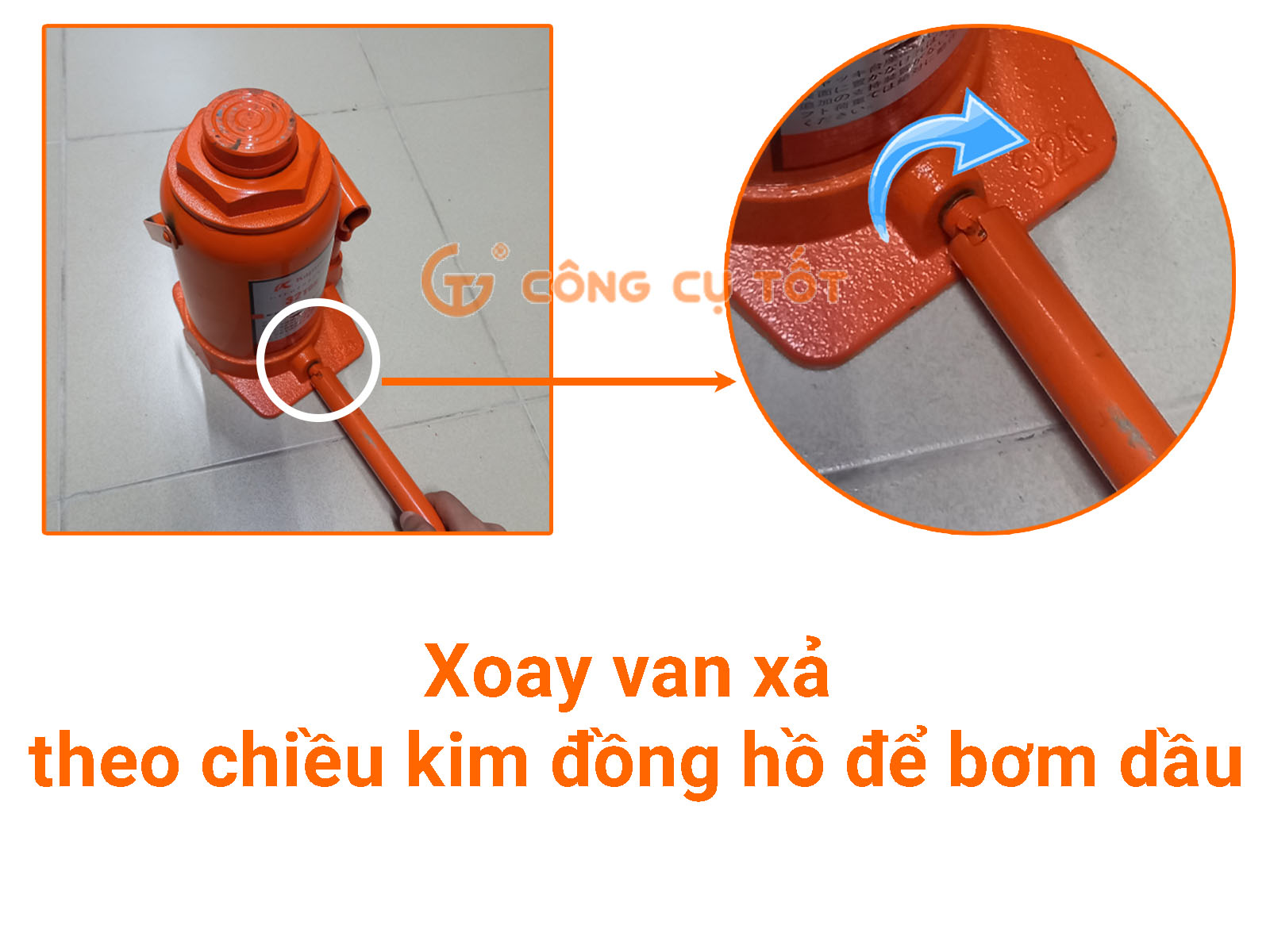 Sử dụng thanh bơm kim loại xoay van xả theo chiều kim đồng hồ để bơm dầu