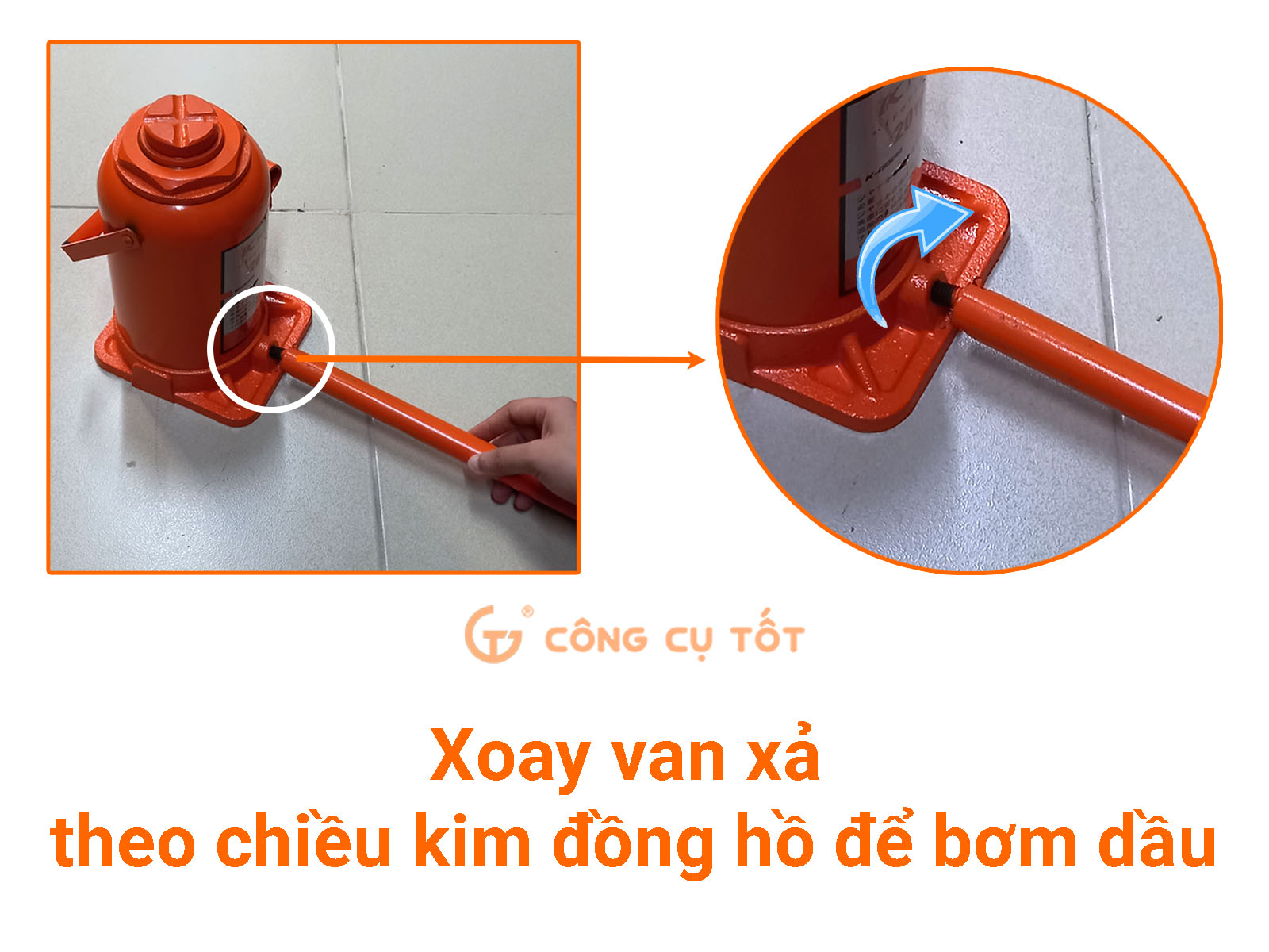 Sử dụng thanh bơm kim loại xoay van xả theo chiều kim đồng hồ để bơm dầu