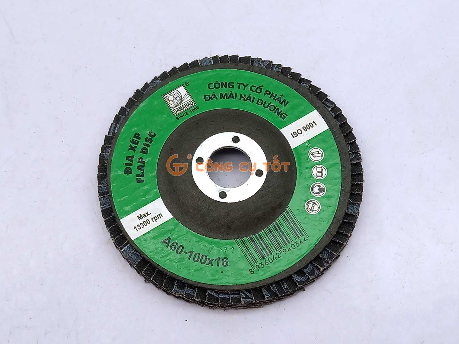 Nhám xếp 1 tấc mác xanh Hải Dương DAMAHAD 100x7x16mm A60 hạt Corindon nâu mài sắt, đồng, nhôm, gỗ