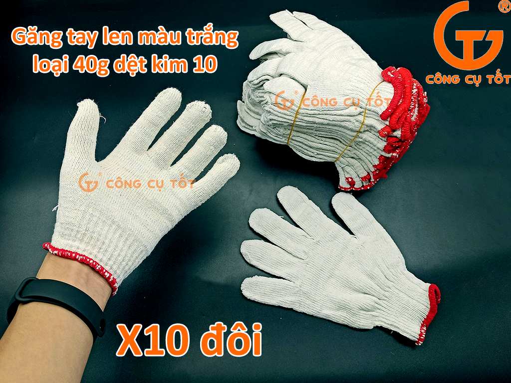 Bộ 10 đôi găng tay bảo hộ sợi len trắng 40g vải dệt thưa kim 10
