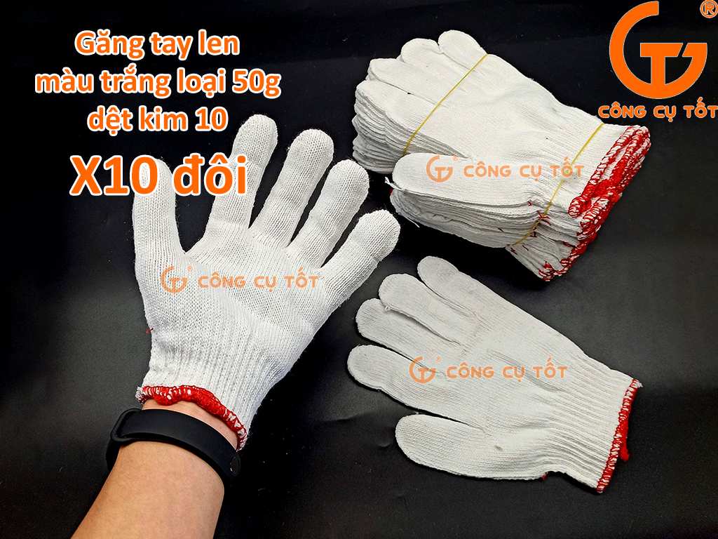 Lố 10 đôi găng tay bảo hộ sợi len trắng loại 50gr kim 10