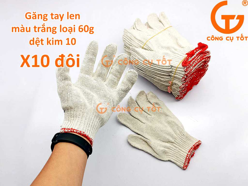 Lố 10 đôi găng tay bảo hộ sợi len trắng loại 60gr kim 10