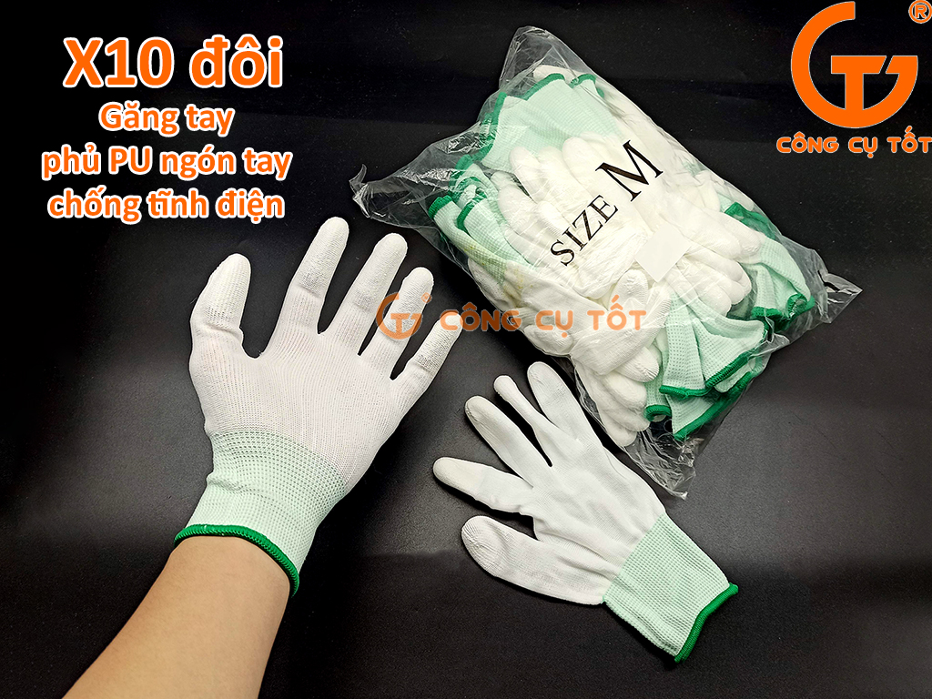 Túi 10 găng tay sợi poly pha phủ PU lòng bàn tay màu TRẮNG chống tĩnh điện, chống mòn xước cho công nhân phòng sạch.