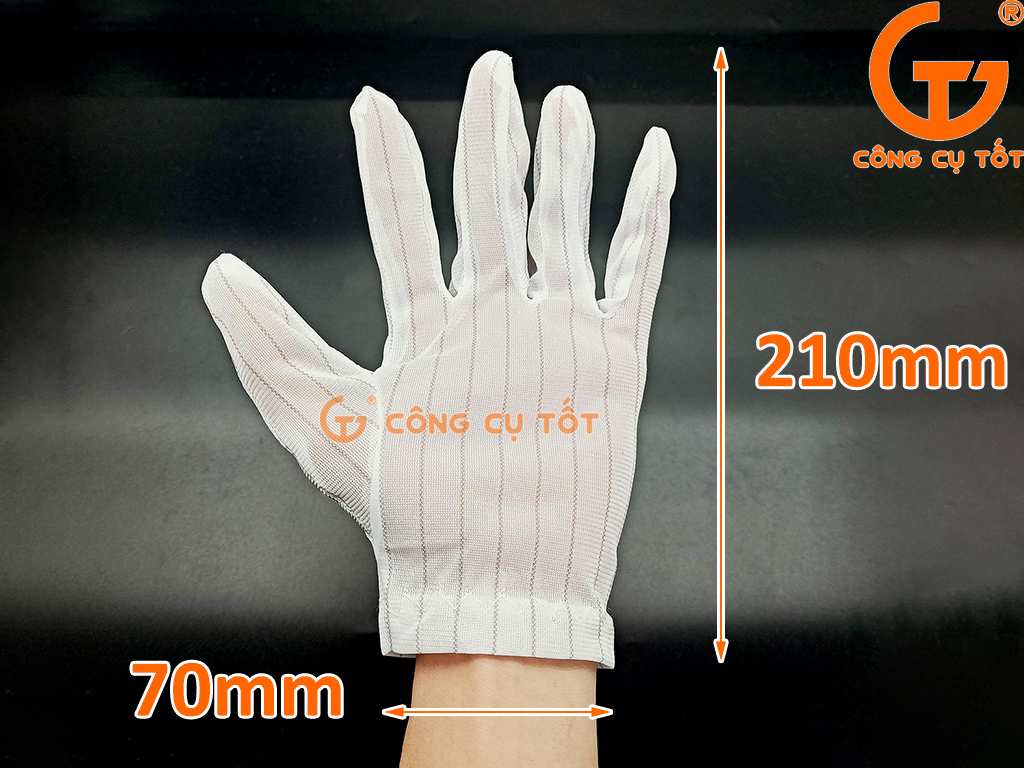 Găng tay chống tĩnh điện vải polyester pha sợi carbon size M kích thước
