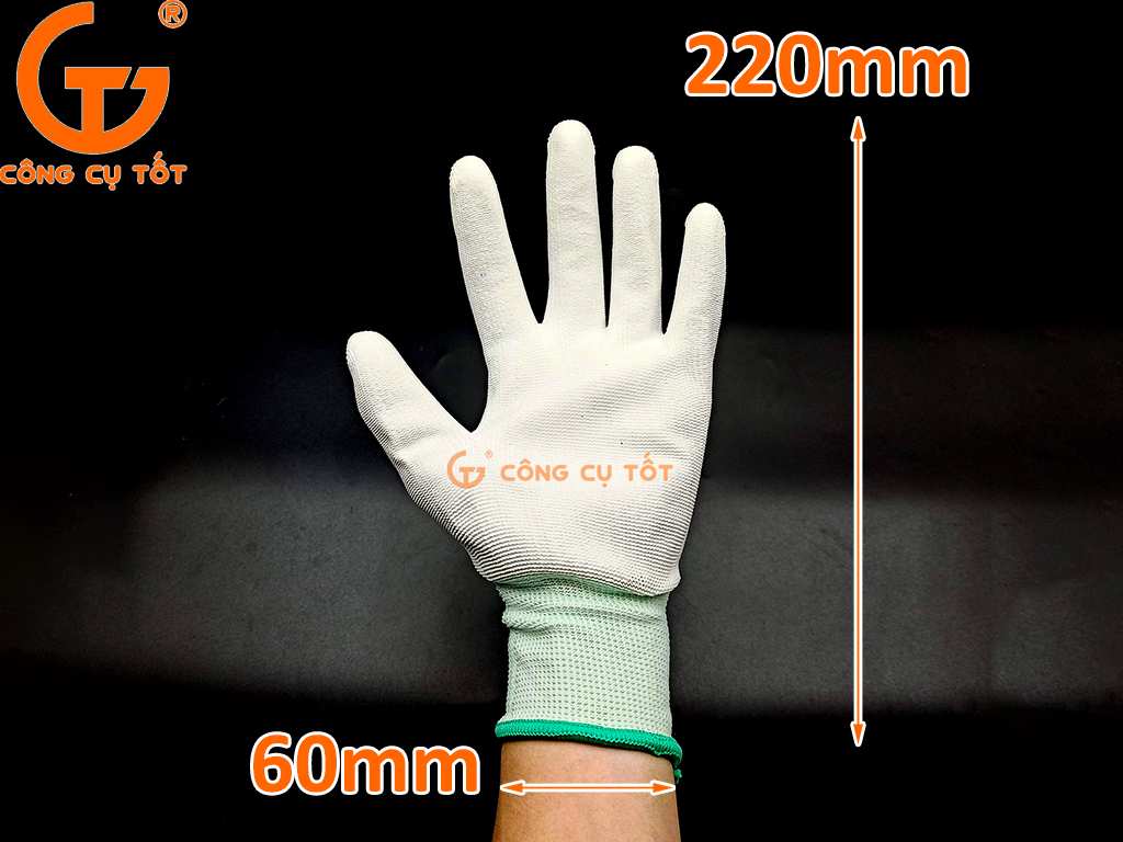 Găng tay sợi Poly phủ PU màu trắng chống tĩnh điện kích thước.