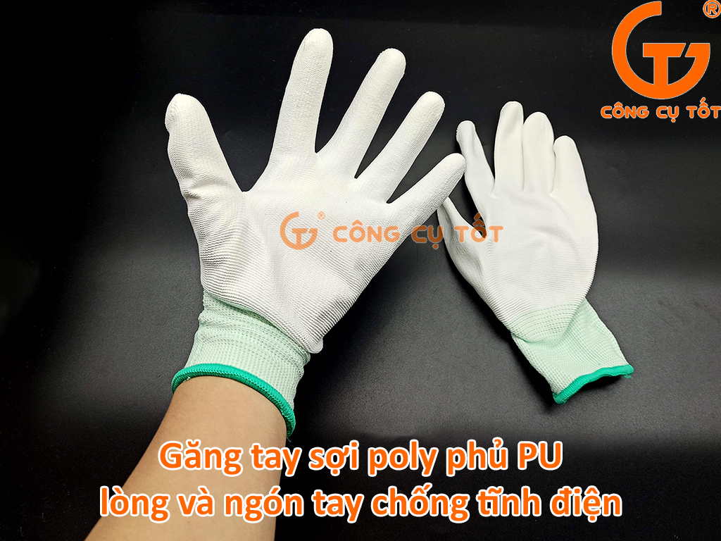 Găng tay sợi Poly phủ PU màu trắng chống tĩnh điện.
