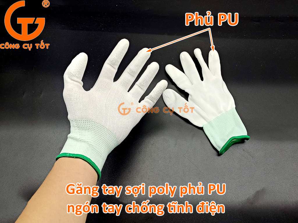 Găng tay sợi Poly phủ PU màu trắng chống tĩnh điện.