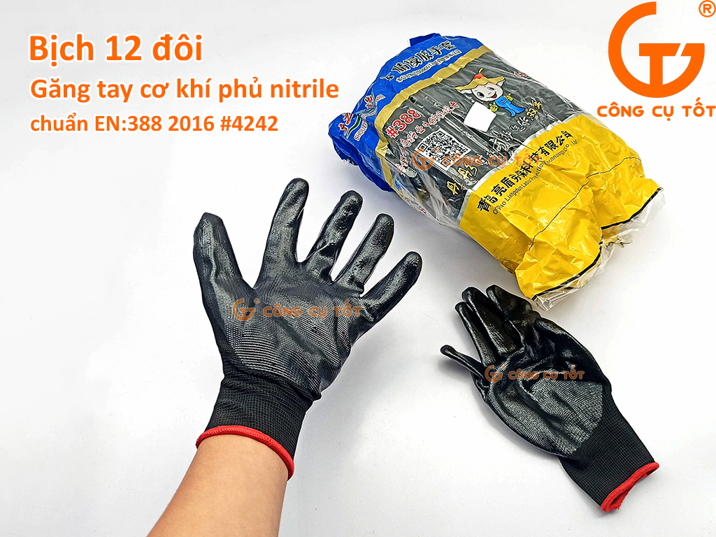 Gói 12 đôi găng tay bảo hộ phủ nitrile bàn và ngón tay đạt tiêu chuẩn châu Âu EN 388:2016 #4242 bảo vệ người lao động.