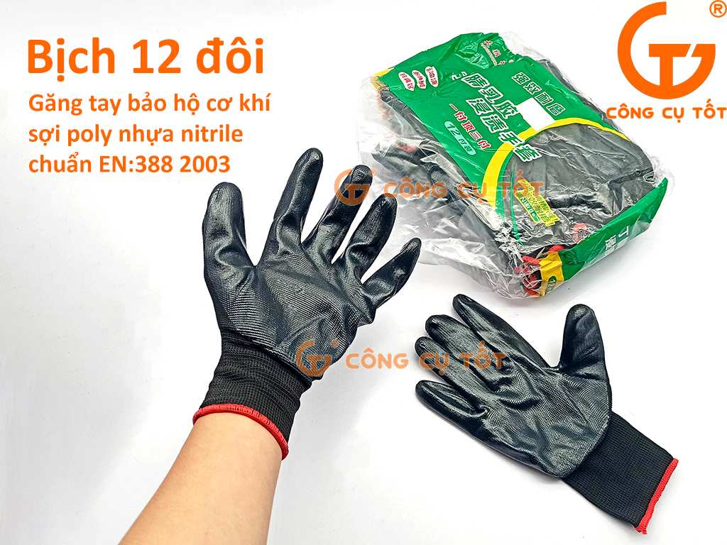 Gói 12 chiếc găng tay cơ khí bảo hộ màu đen nhựa nitrile EN 388:2003 chống cắt, mài mòn, thủng, chống dầu, axit, kiềm, ...