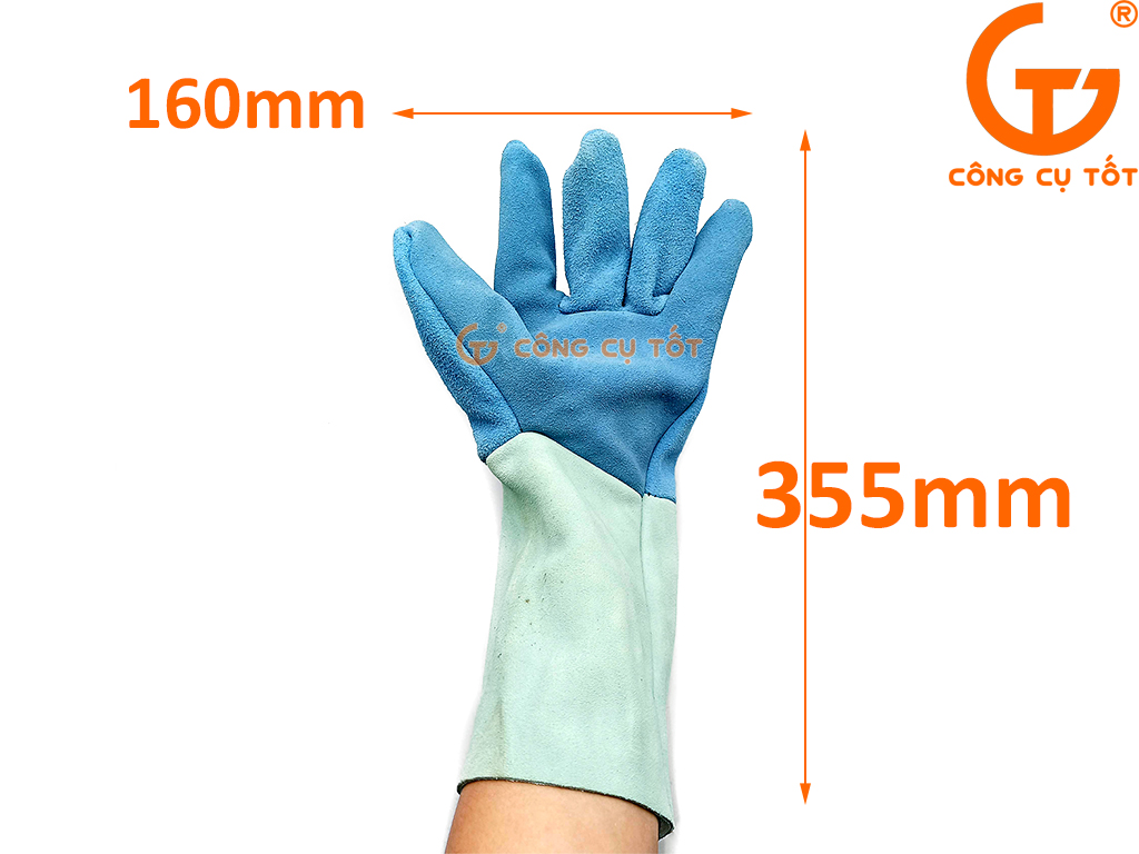 Găng tay hàn loại dài 14 inch 355mm màu xanh dương kích thước