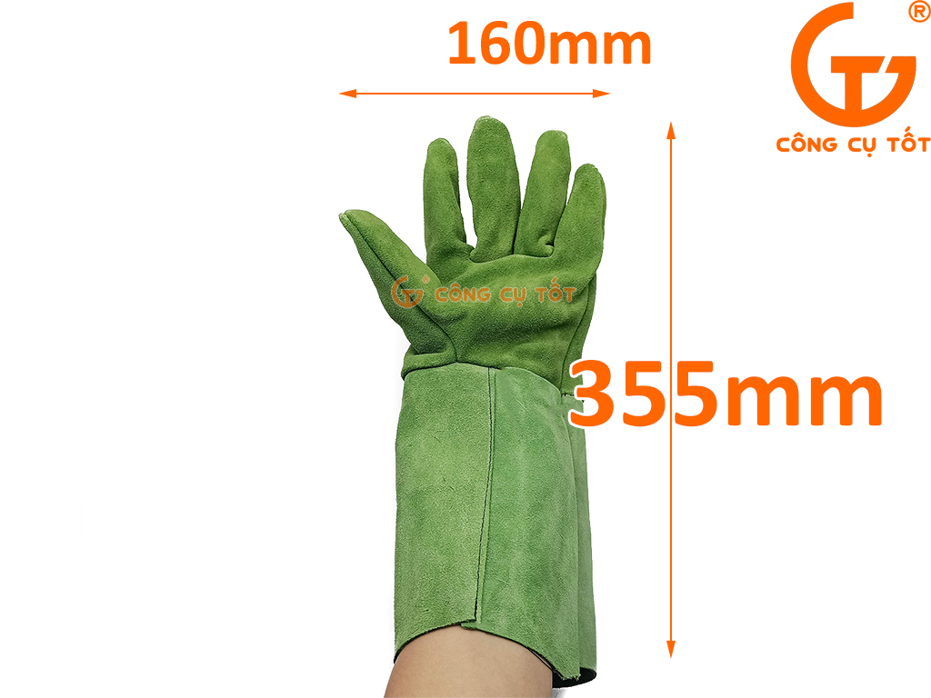Găng tay hàn loại dài 14 inch 355mm màu xanh lá kích thước