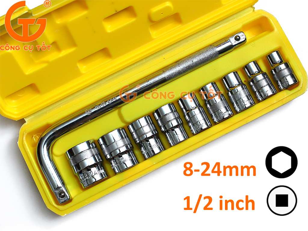 Bộ 9 khẩu vặn ốc 8-24mm 1/2 inch cần cong hộp vàng