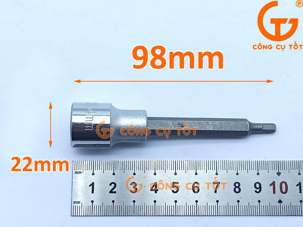 Kích thước đầu tuýp 1/2 mũi vít hình lục giác 4mm thép CRV loại dài 98mm