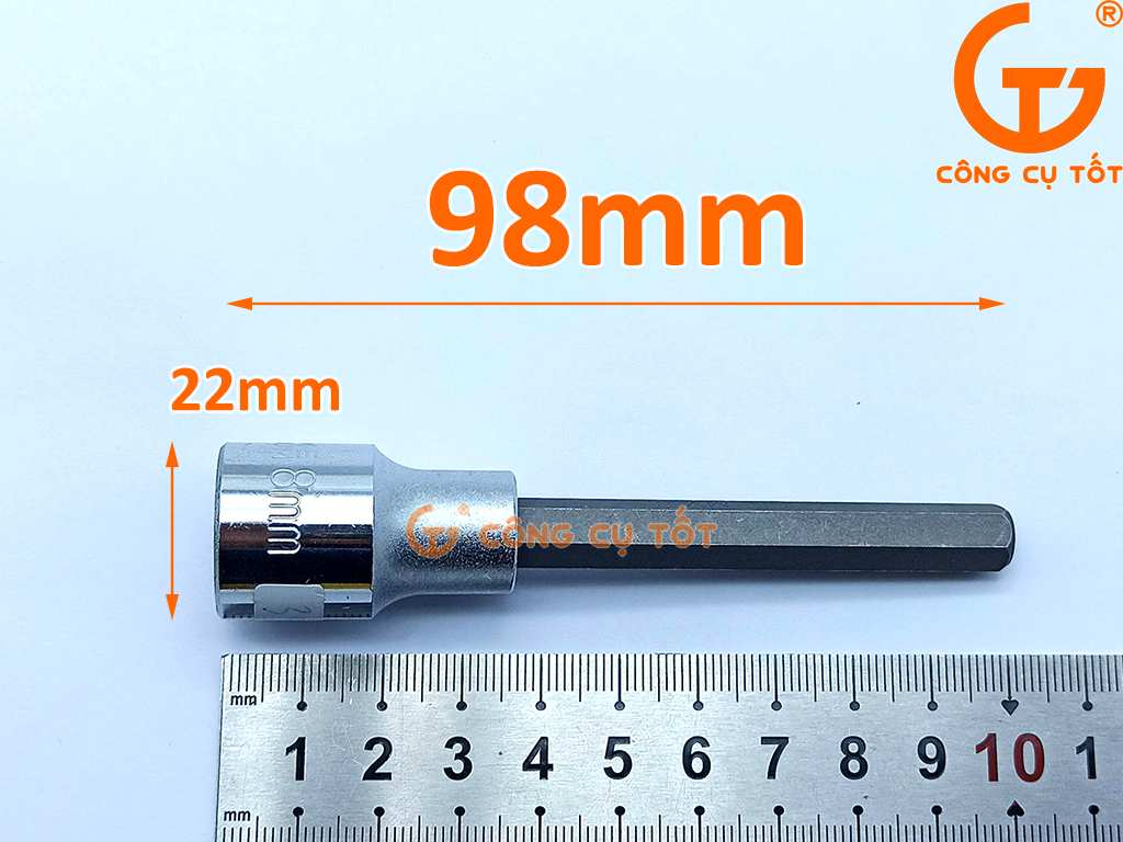 Kích thước đầu tuýp 1/2 mũi vít hình lục giác 8mm thép CRV loại dài 98mm