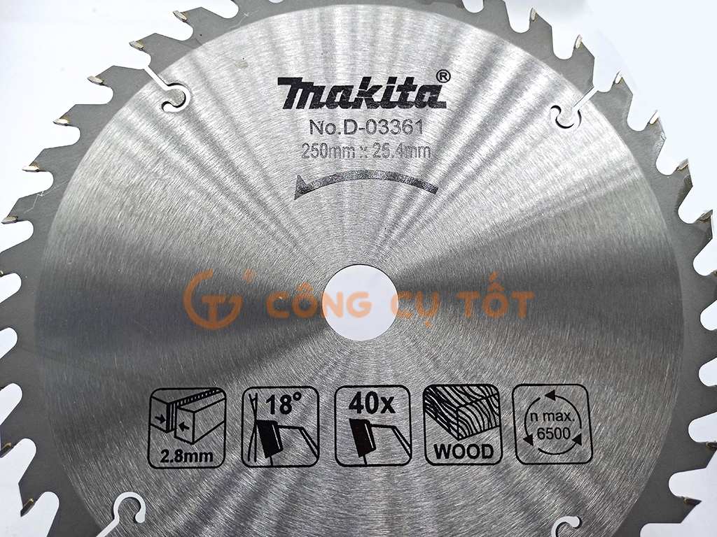 Đĩa cưa cắt xẻ gỗ hợp kim Makita Φ250 x 40 răng x mạch cắt 2.8mm x 6500 rpm