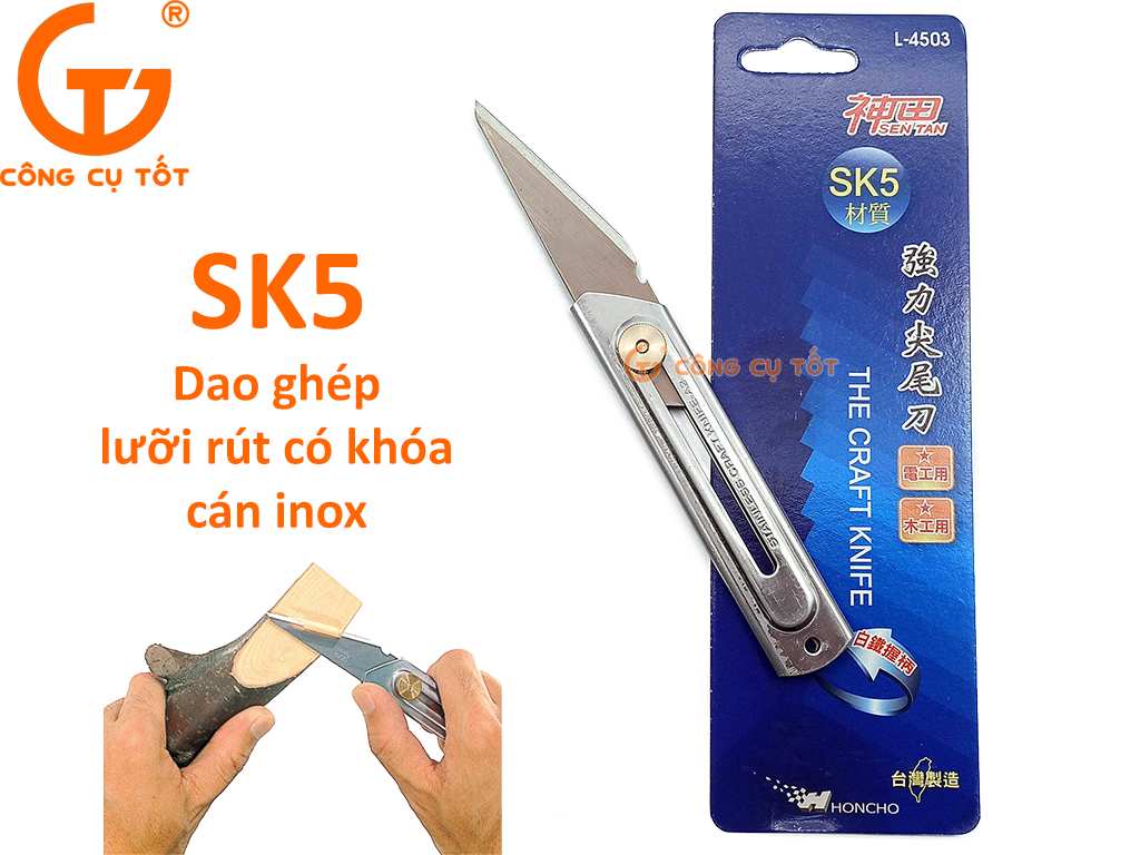 Dao ghép lưỡi rút bằng thép SK5 sắc bén cán inox chốt khóa đồng siêu nhẹ Honcho Đài Loan L4503
