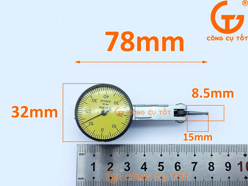 Kích thước đồng hồ so cơ khí chân gập 0-0.8mm độ chia 0.01mm Φ32mm.
