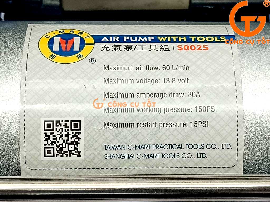 Bơm khí nén CMart S0025 áp suất tối đa 150psi hay 10.5kg/cm² bơm 60 lít/phút