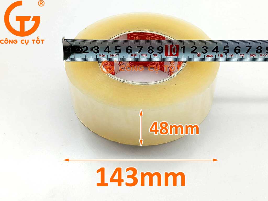Băng dính trong khổ 48mm 0.5kg lõi giấy dày 3.5mm kích thước