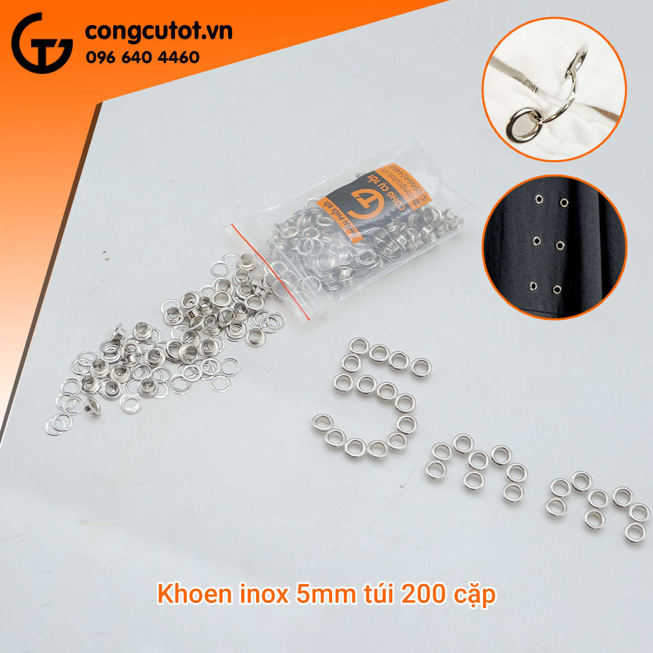 Khoen inox 5mm được đóng trong túi nilon với 200 cặp khoen 
