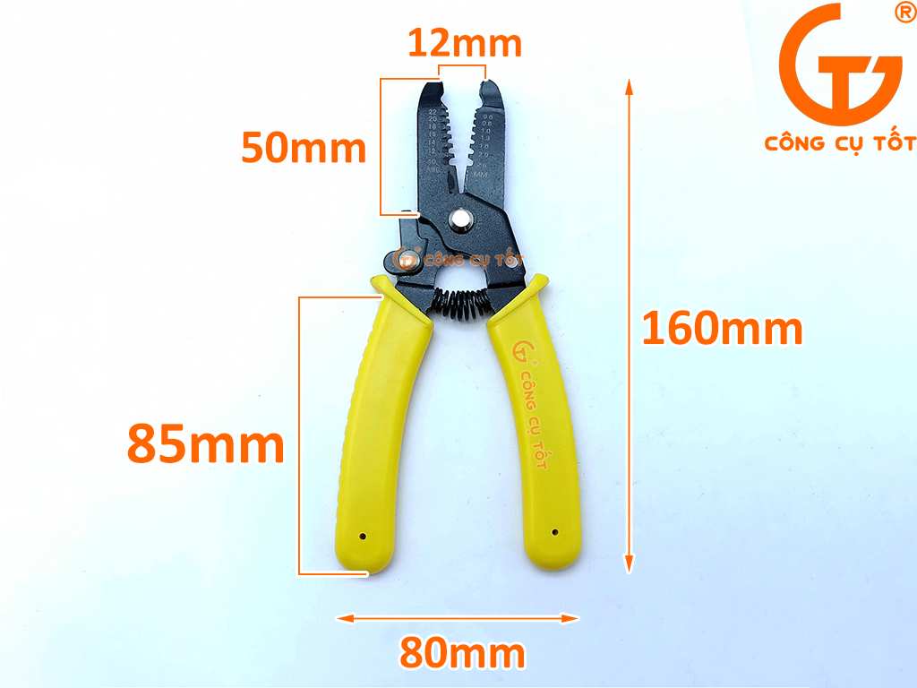 Kích thước kìm cắt tuốt dây điện 7 răng lõi Ø0.6 - 2.6mm dài 160mm.