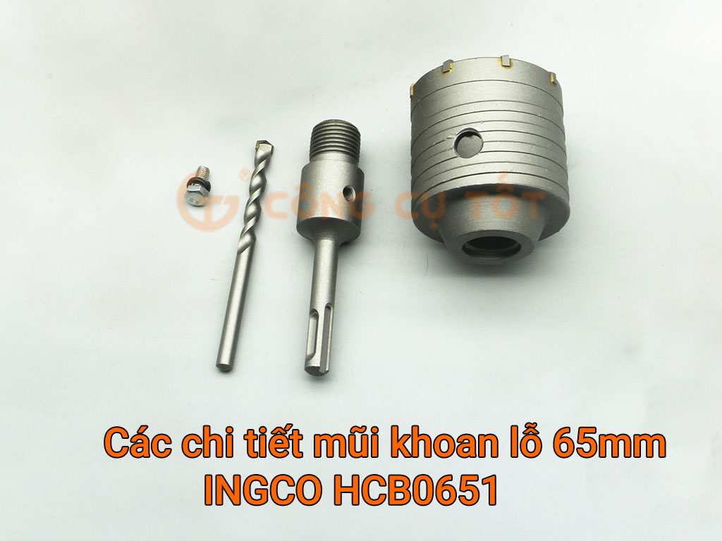 Các chi tiết trong bộ sản phẩm khoan lỗ 65mm INGCO