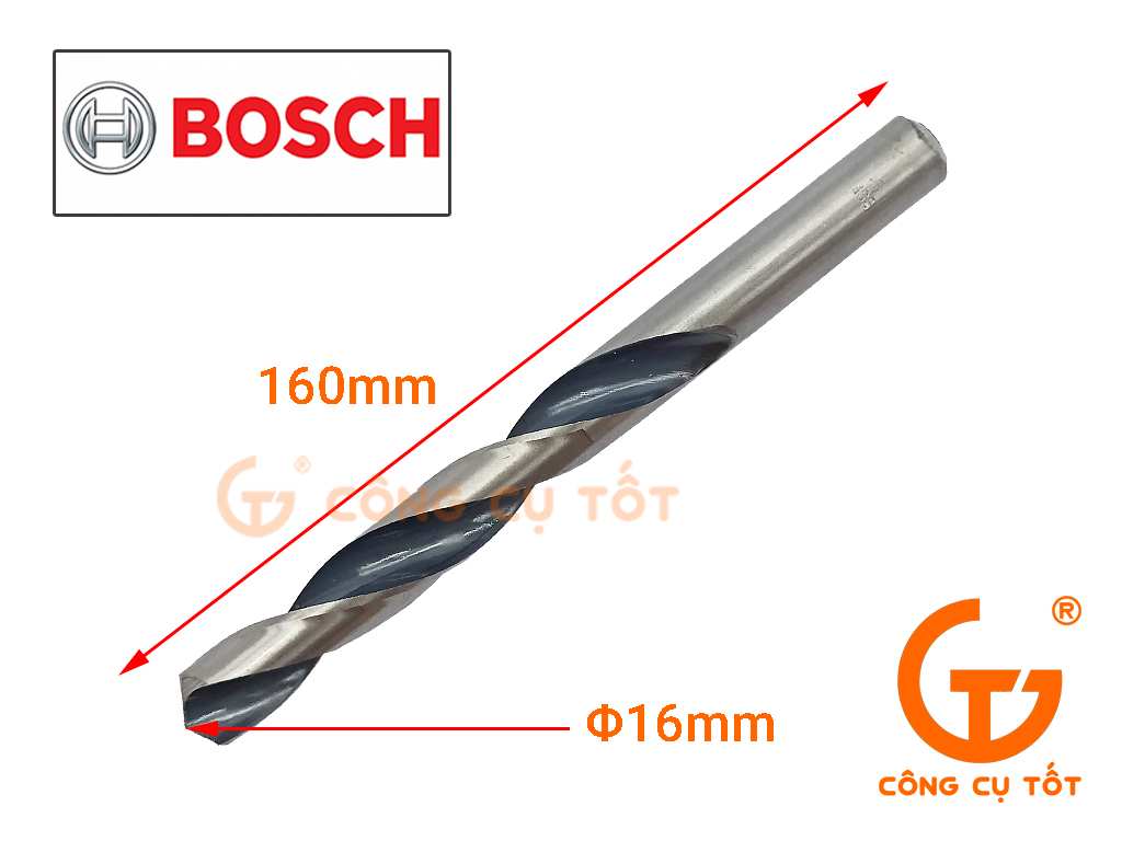 Mũi khoan inox Bosch thép gió HSS-G 160mm x Φ16.0mm