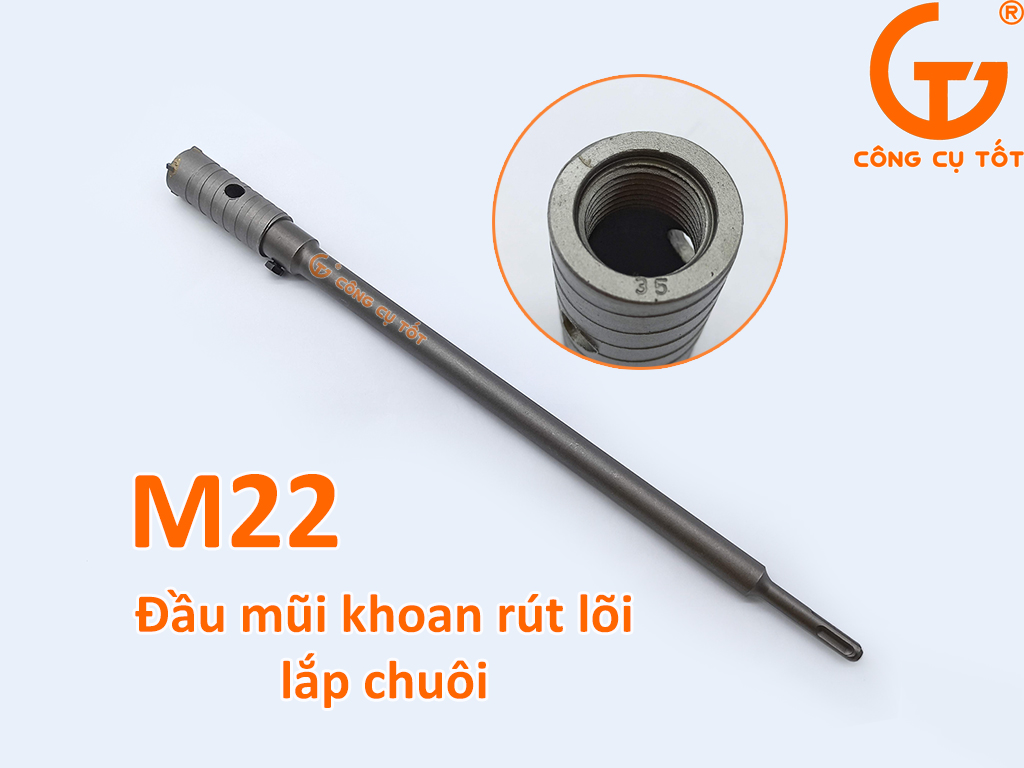 Chuôi M22 lắp đầu mũi khoan bê tông rút lõi Φ30mm dài 73mm có 4 răng.